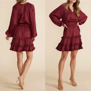MINKPINK Dress Medium Elvina Ruffle-Tiered Mini Dress Long Sleeve Wine Burgundy